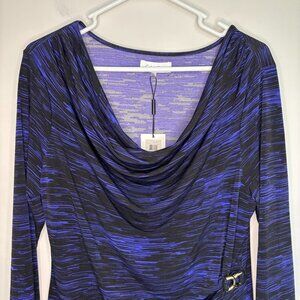 CALVIN KLEIN NEW Cowl Neck Tunic Womens L Blue Black Faux Wrap Slimming Stretch
